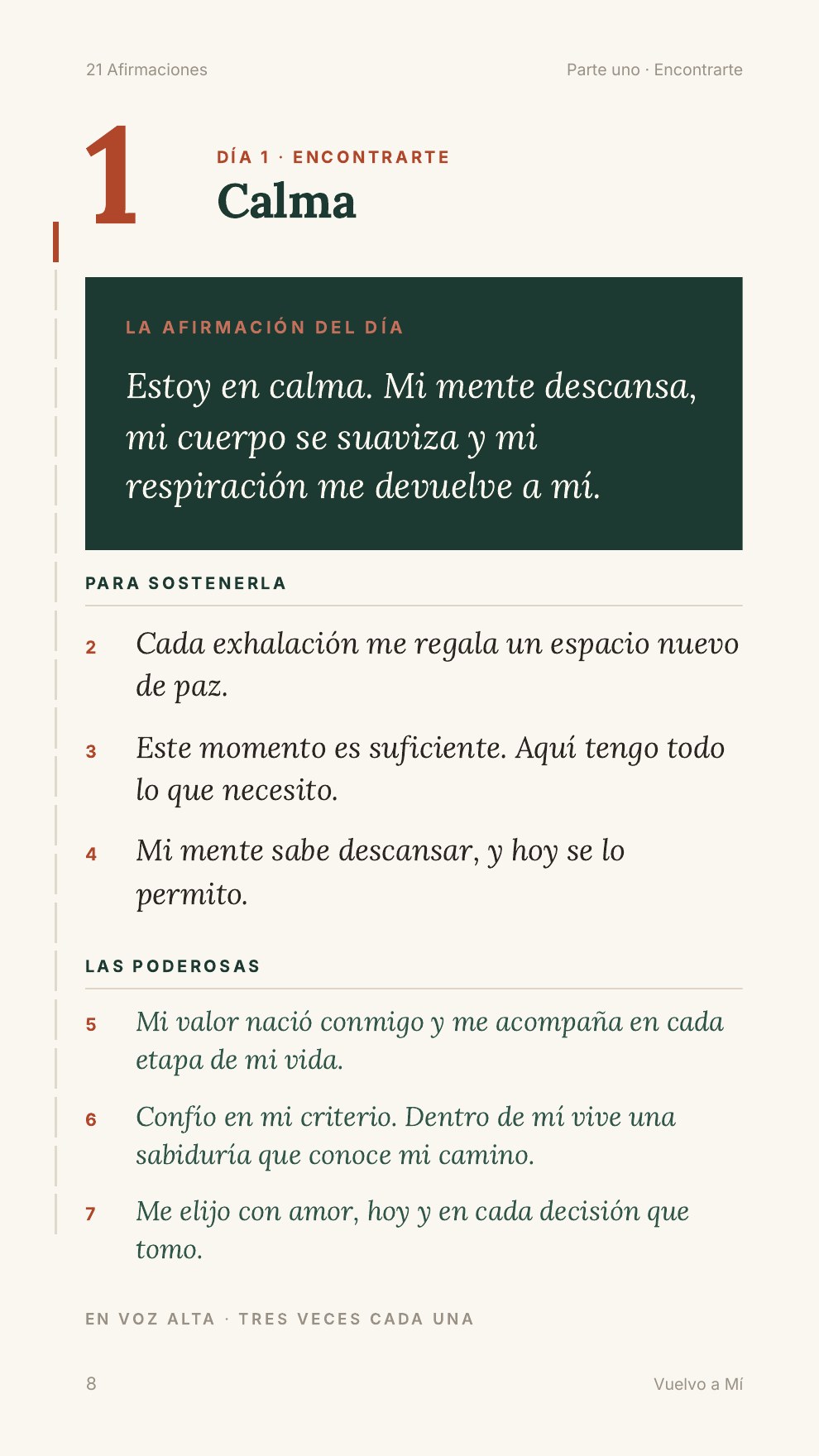 Página interior de 21 Afirmaciones, día uno: calma